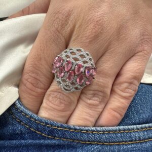 ANILLO de plata rodianda con piedras color rosa y blanca