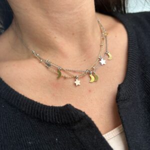 GARGANTILLA DE PLATA RODINADA con dijes estrellas y lunas