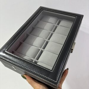 ESTUCHE PARA RELOJES CON TAPA DE VIDRIO PARA 12 UNIDADES