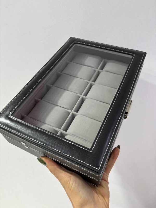 ESTUCHE PARA RELOJES CON TAPA DE VIDRIO PARA 12 UNIDADES
