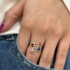 ANILLO de plata con oro diseño cuadrados con piedras n17