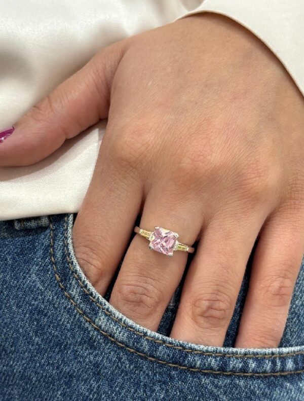 ANILLO de plata con oro y piedra cuadrada rosa n18
