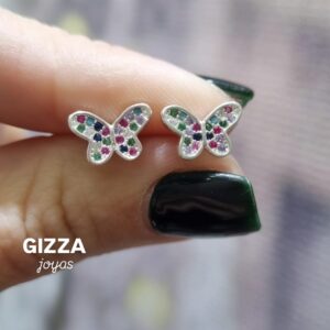 AROS de plata rodinada diseño MARIPOSA con piedras multicolor