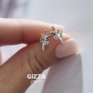 AROS de plata rodinada modelo HOJITAS con piedras
