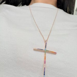 CORBATERO de plata rodinada en rose diseño "CRUZ" con piedras multicolor