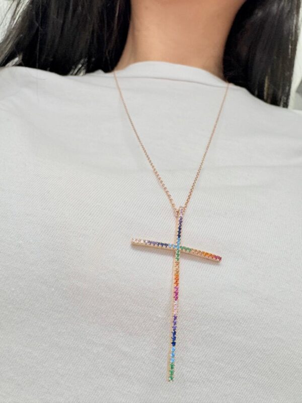 CORBATERO de plata rodinada en rose diseño "CRUZ" con piedras multicolor