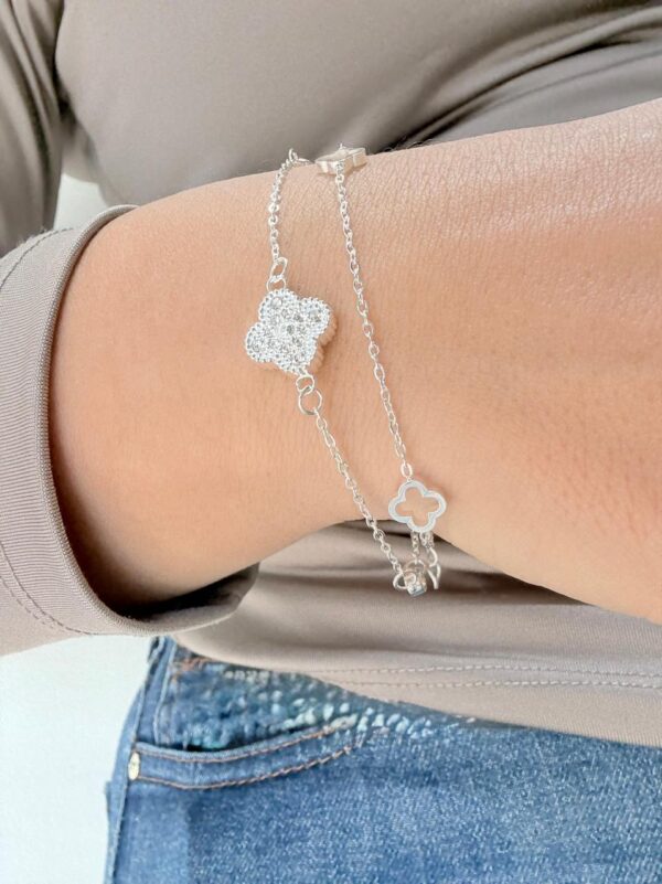 PULSERA de acero blanco diseño doble cadena con TREBOL 18cm