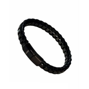 PULSERA DE ACERO NEGRO CON CUERO / 22,5CM