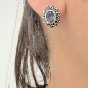 AROS DE PLATA LINEA HINDU DISEÑO FLOR CELESTE