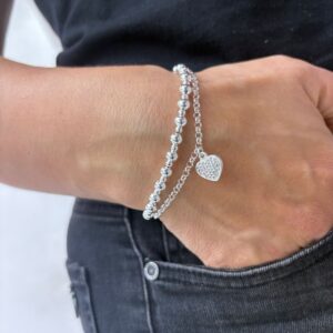PULSERA DE ACERO BLANCO MODELO DOBLE CADENA CON CORAZÓN