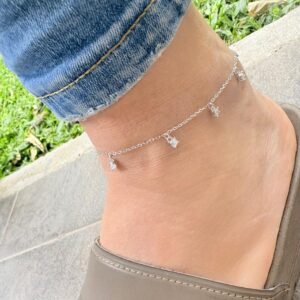 TOBILLERA DE PLATA RODINADA MODELO CON PIEDRAS COLGANTES