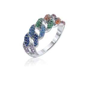 ANILLO DE PLATA RODINADA MODELO CADENAS MULTICOLOR N17