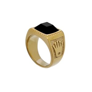 ANILLO DE ACERO DORADO TIPO SELLO CON CENTRO NEGRO