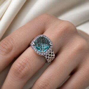 ANILLO DE PLATA RODINADA CON PIEDRA AGUA MARINA N17