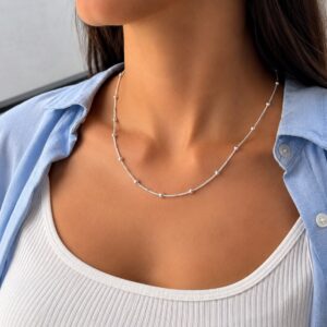 CADENA DE PLATA MODELO COREANA CON ESFERAS INTERCALADAS 50CM
