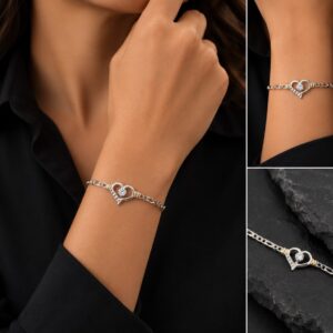 PULSERA DE PLATA CON ORO MODELO CORAZON CALADO CON PIEDRA