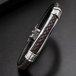 PULSERA DE CUERINA MARON Y NEGRA CON ACERO