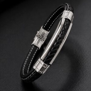 PULSERA DE CUERINA NEGRA CON ACERO