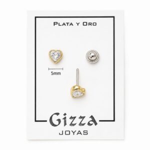 AROS DE PLATA CON ORO ABRIDOR MODELO CORAZÓN DE 5MM COLOR BLANCO