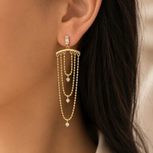 AROS DE PLATA RODINADA EN DORADO MODELO TIRAS COLGANTES CON PIEDRAS