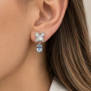 AROS DE PLATA RODINADA MODELO FLOR COLGANTE CELESTE