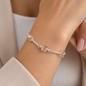 PULSERA DE PLATA CON CRISTAL EUROPEO MODELO TREBOLES COLOR AMBAR