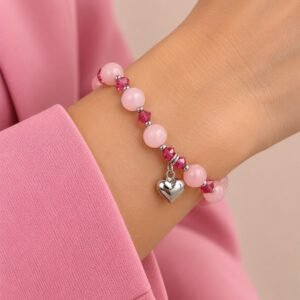 PULSERA DE PLATA CON CRISTAL ROSA Y DIJE CORAZON