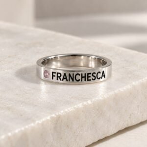 ANILLO DE PLATA PERSONALIZADO CON NOMBRE FRANCESCA Y PIEDRA ROSA