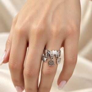 ANILLO DE PLATA RODINADA MODELO MAMÁ CON NENES N9