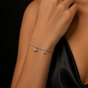 PULSERA DE PLATA MODELO VENECIANA Y FORCET CON CORAZONES