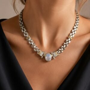 GARGANTILLA DE PLATA CON ORO Y PIEDRA ENGARZADA COLOR BLANCA