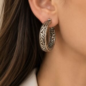 AROS DE PLATA MODELO ARGOLLAS HUGGIES CALADO CON HOJAS