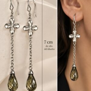 AROS DE PLATA RODINADA MODELO FLOR CON PIEDRA GOTA GRIS FACETADA