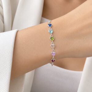 PULSERA DE PLATA MODELO CORAZONES CON COLORES DE CHACRAS
