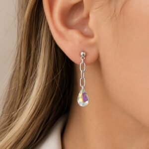 AROS DE PLATA MODELO COLGANTE CON GOTA DE CRISTAL AURORA BOREAL